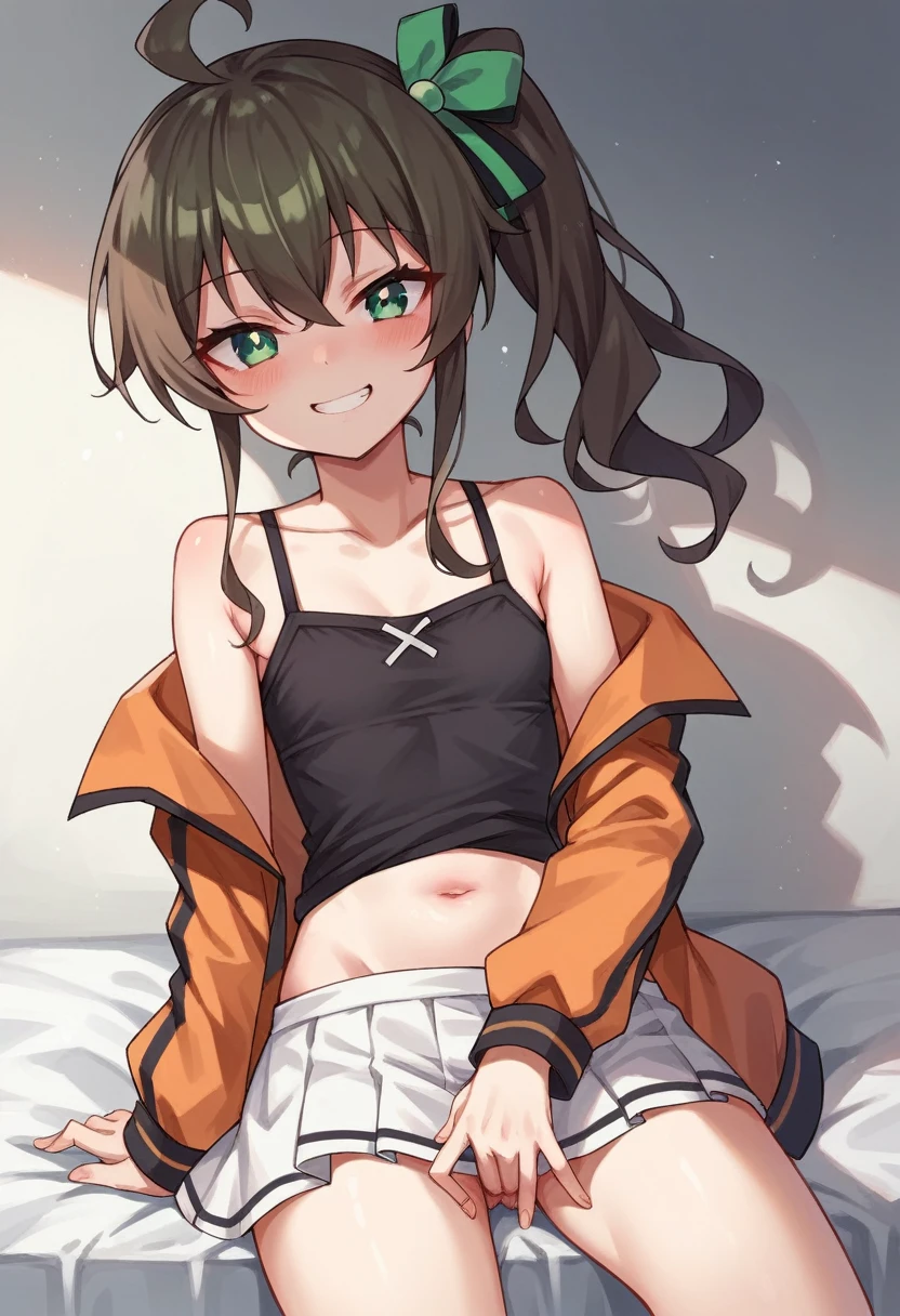 masterpiece,natsuiro matsuri,1girl,white skirt,orange jacket,black camisole with light green ribbon,green hair ribbon,open shoulder,navel,ahoge,brown hair,green eyes,side ponytail,small breasts,flat chest,evil smile,holo live, bottomless, masturbation