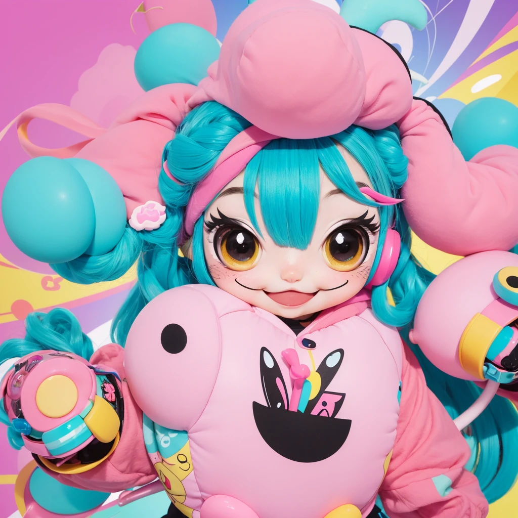 Create a crazy yet cute anime-style mascot character. The character should have big, expressive eyes, a wide smile, and colorful hair in shades of pink or blue. They should wear a whimsical, vibrant outfit with quirky elements like a wavy antenna or a funny hat. The character should look playful and energetic, with a soft, round body and small limbs.