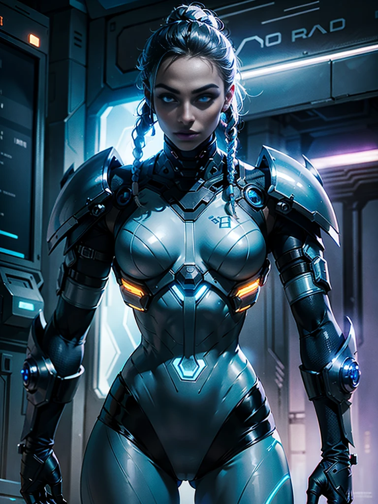 A striking black woman in an imposing futuristic post-apocalyptic cyberpunk environment full of technological details. The woman has rich, deep skin, with ebony tones that glow under the scene's neon lighting. Her hair is a bold combination of dreadlocks and braids, decorated with metallic threads and small LEDs that blink softly, reflecting the colorful lights in the room. His face is sculpted with strong, elegant features, highlighting piercing eyes that glow with a cybernetic blue intensity. She wears metallic makeup, with silver shadows and lips painted an intense purple, adding a touch of mystery and power. His athletic body is encased in a futuristic combat suit made from synthetic and metallic materials. The look is a combination of black, silver and neon blue, with details that suggest high technology, such as embedded circuits and light panels. Plates of armor protect his shoulders, arms, and legs, while cables and wires connect to devices on his body, indicating a perfect fusion between human and machine. giving it a lively and dynamic appearance, Hyper Realistic, Cinematic.