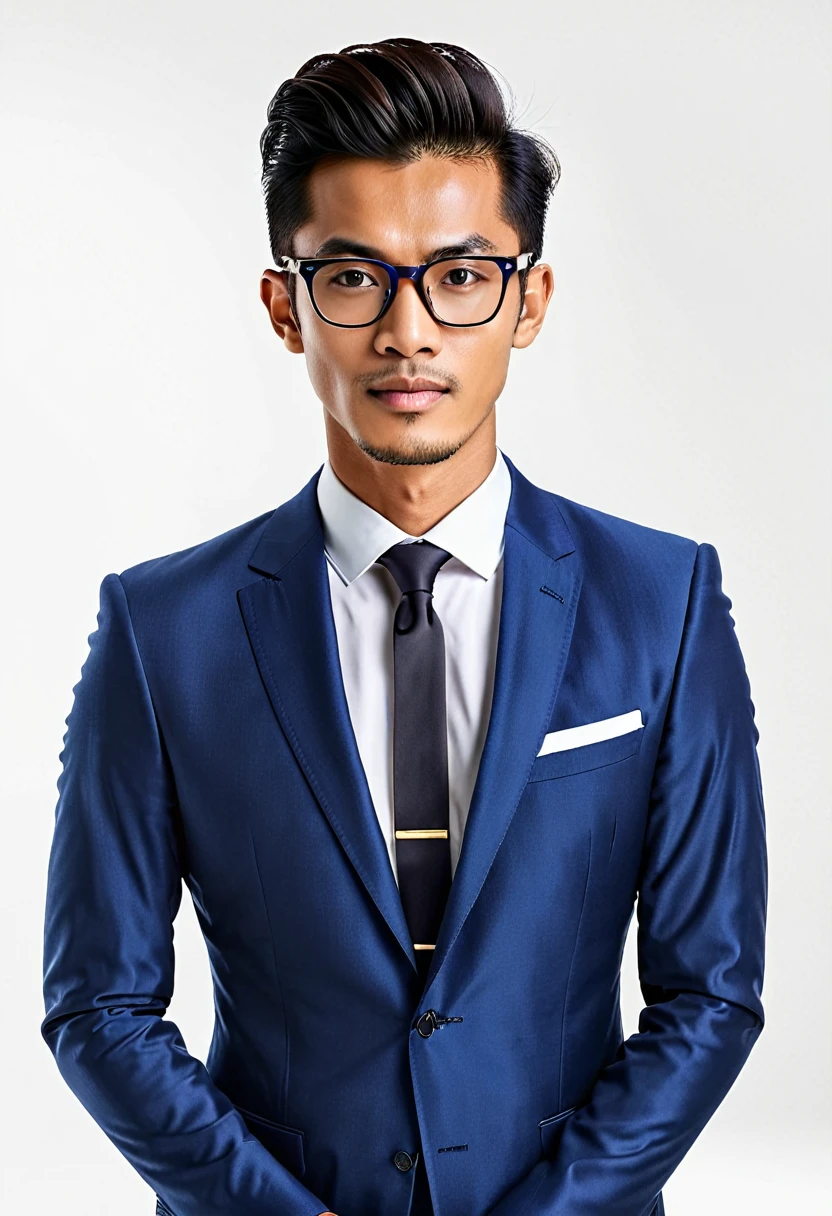 typical malay man, skinny oval face shape with glasses, 25 years young, pompadour hairstyle, wearing blue suite, professional pose, facing camera, middle shot, realistic, highres, detailed, best quality, masterpiece, hands on sides, white plain beckground