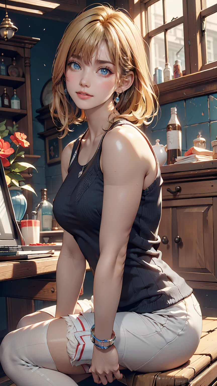 ((最high quality, 8K, masterpiece: 1.3, Ultra HD, high quality, 最high quality, High resolution, realism)) 、25 year old Caucasian female、blue eyes、Long Hair、smile、thin、thinだがアスリートのような細マッチョ、I want to keep my head out of the screen.、Wear accessories on your wrist、Wearing red nail polish、Having a pedicure、Near and far in the air((Atmospheric perspective))、smile((smiley))、Background Blur((Depth of written boundary)、Crystal Earrings((Crystal Earrings))、blonde((Blonde))、Bang bang as we part((Parted bangs))、Side Up((Hair with one side up))、Shearing top((Shearing top))wear、Wear knitted tights、ローライズのマイクロミニスカートをwear、Sleeveless、Wear sneakers、Soho