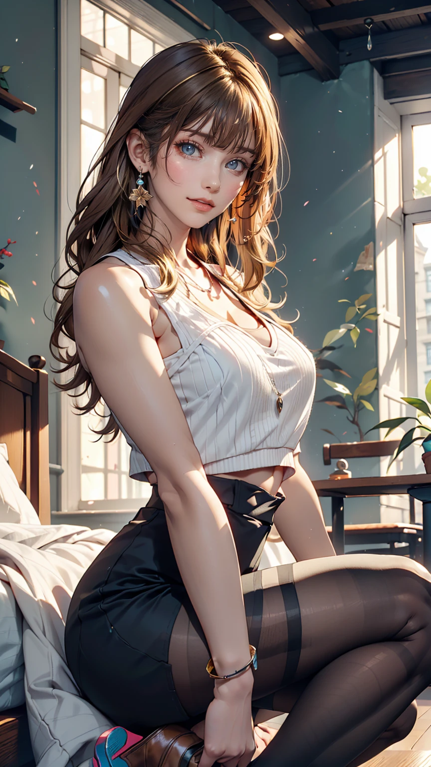 ((最high quality, 8K, masterpiece: 1.3, Ultra HD, high quality, 最high quality, High resolution, realism)) 、25 year old Caucasian female、blue eyes、Long Hair、smile、thin、thinだがアスリートのような細マッチョ、I want to keep my head out of the screen.、Wear accessories on your wrist、Wearing red nail polish、Having a pedicure、Near and far in the air((Atmospheric perspective))、smile((smiley))、Background Blur((Depth of written boundary)、Crystal Earrings((Crystal Earrings))、blonde((Blonde))、Bang bang as we part((Parted bangs))、Side Up((Hair with one side up))、Shearing top((Shearing top))wear、Wear knitted tights、ローライズのマイクロミニスカートをwear、Sleeveless、Wear sneakers、Soho