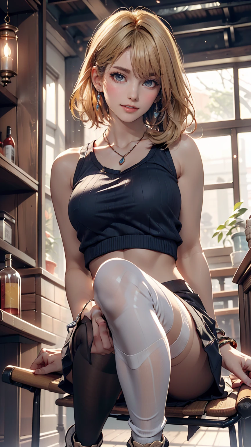 ((最high quality, 8K, masterpiece: 1.3, Ultra HD, high quality, 最high quality, High resolution, realism)) 、25 year old Caucasian female、blue eyes、Long Hair、smile、thin、thinだがアスリートのような細マッチョ、I want to keep my head out of the screen.、Wear accessories on your wrist、Wearing red nail polish、Having a pedicure、Near and far in the air((Atmospheric perspective))、smile((smiley))、Background Blur((Depth of written boundary)、Crystal Earrings((Crystal Earrings))、blonde((Blonde))、Bang bang as we part((Parted bangs))、Side Up((Hair with one side up))、Shearing top((Shearing top))wear、Wear knitted tights、ローライズのマイクロミニスカートをwear、Sleeveless、Wear sneakers、Soho
