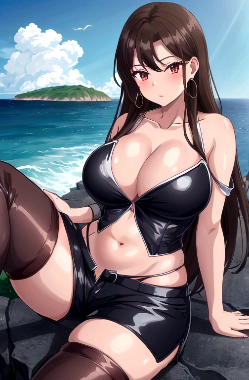 ((masterpiece)),(Highest quality),Official Art,Very detailedなCG,unity 8k wallpaper,Very detailed,Lighthouse on top of a cliff by the sea,One Girl,alone,Up to the knees,(Portraiture:1.2),Cleavage,Long Hair,leather shorts,Brown Hair,jewelry,Bare shoulders,Hoop Earrings,Lace Top Stockings,Crossing legs,Sexy pose,belly button,Red eyes,Brown eyes,Black Midriff,Large Breasts,Black Hair,Knee-high boots,
