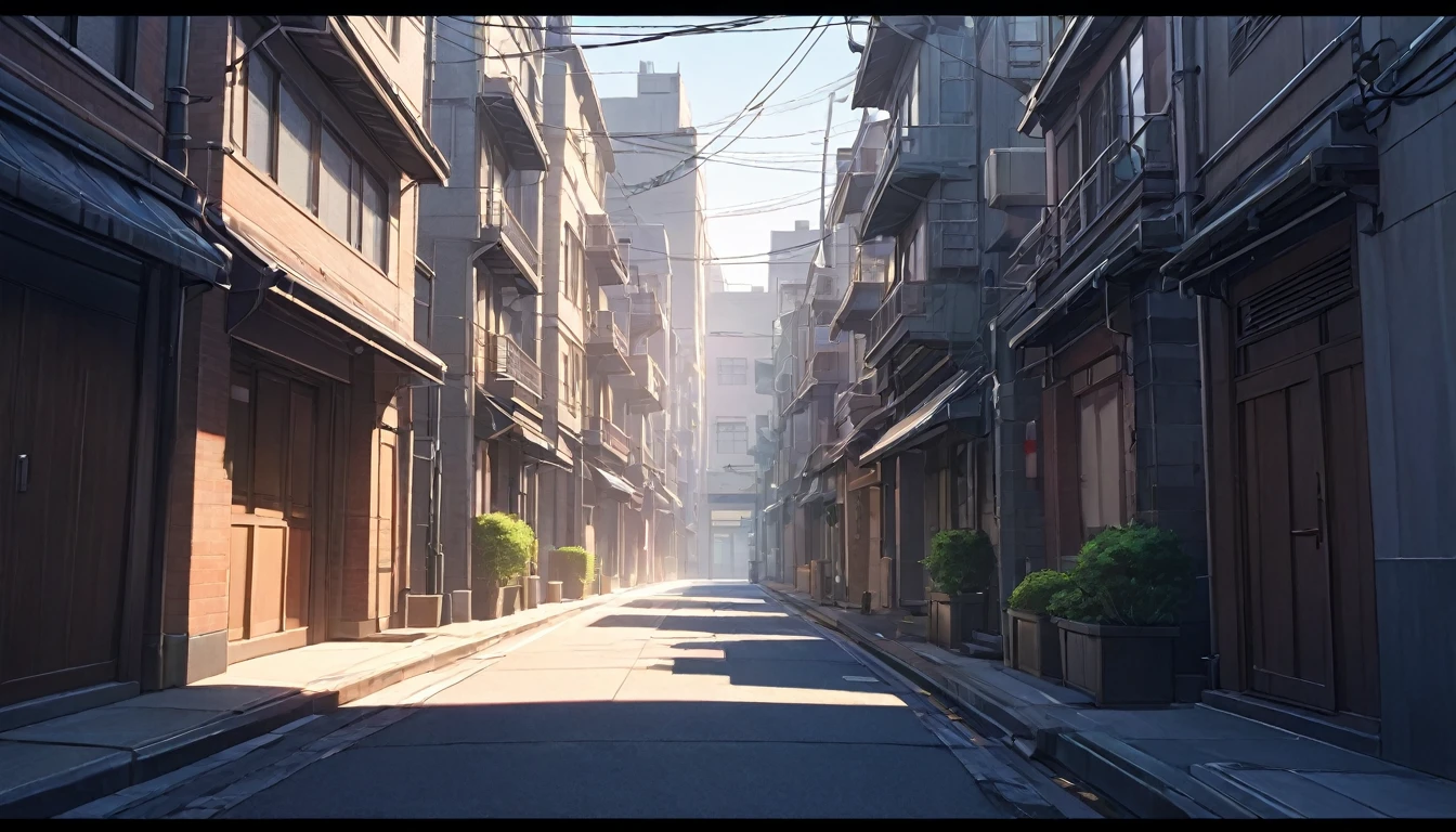 intricate modern city street, early morning, quiet, wide and clean back alley, no lights on, dim, anime style, viewed from distance, highly detailed, 8k, photorealistic, dramatic lighting, moody atmosphere, pastel colors, long shadows, intricate architectural details, empty street, peaceful cityscape, 1girl