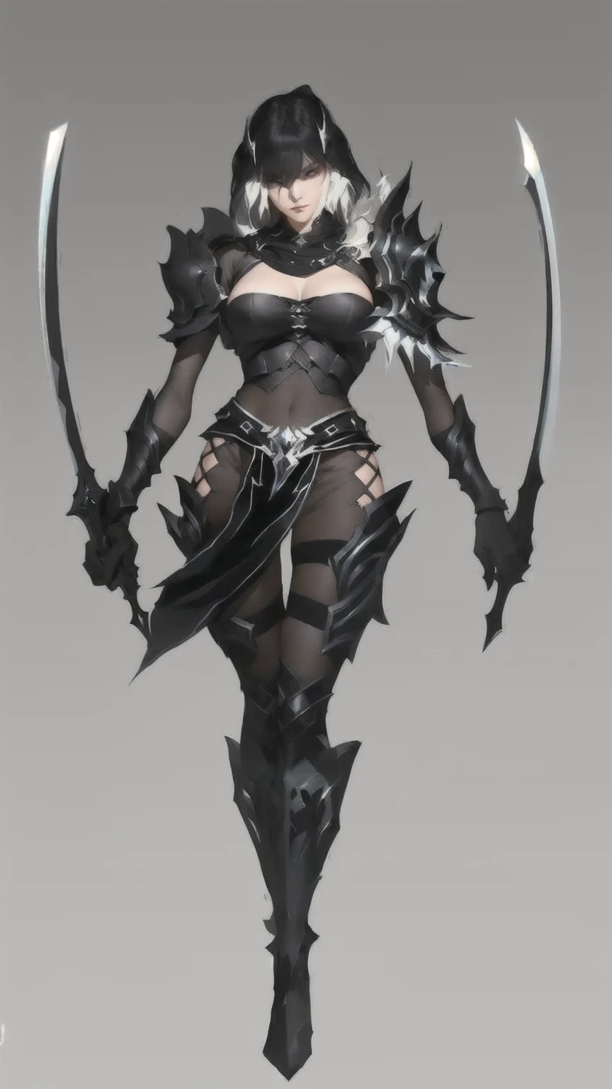 A man wearing black clothing、Close-up of woman holding sword, dark fantasy character design, Dark Witch Panorama, Light black armor, AuthorShen Zhou, Diablo digital concept art, Game concept art, Whole body concept, role playing game (RPG) concept art character, Dark Elves, League of Legends concept art, Trendin on artstation, beautiful Whole body concept art