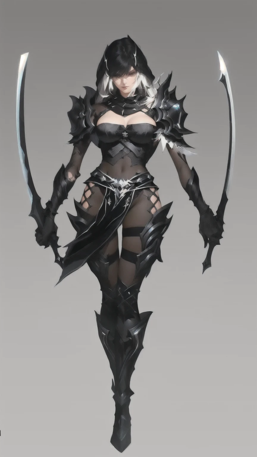 A man wearing black clothing、Close-up of woman holding sword, dark fantasy character design, Dark Witch Panorama, Light black armor, AuthorShen Zhou, Diablo digital concept art, Game concept art, Whole body concept, role playing game (RPG) concept art character, Dark Elves, League of Legends concept art, Trendin on artstation, beautiful Whole body concept art