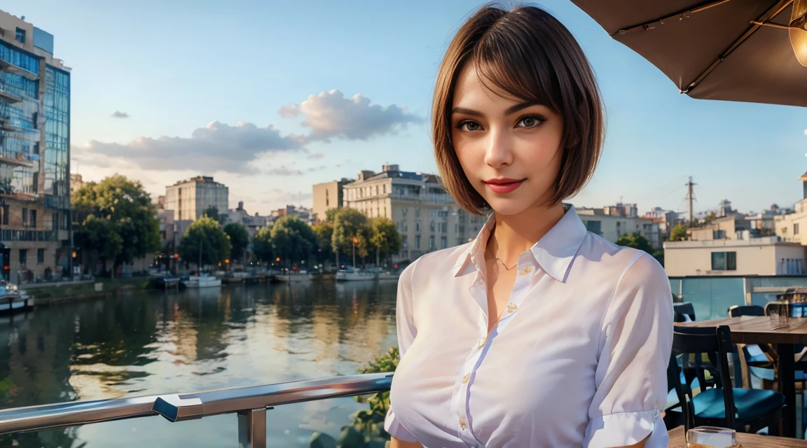 (8k, RAW photo, best quality, masterpiece:1.2), (realistic, photo-realistic:1.37), ultra-detailed, 1 girl,cute, solo,beautiful detailed sky,detailed cafe,night,sitting,dating,(nose blush),(smile:1.1),(closed mouth), medium breasts,beautiful detailed eyes,(collared shirt:1.1), bowtie,pleated skirt,(short hair:1.2),floating hair