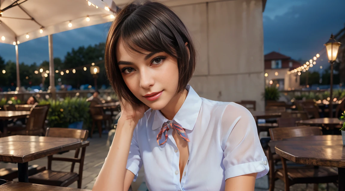 (8k, RAW photo, best quality, masterpiece:1.2), (realistic, photo-realistic:1.37), ultra-detailed, 1 girl,cute, solo,beautiful detailed sky,detailed cafe,night,sitting,dating,(nose blush),(smile:1.1),(closed mouth), medium breasts,beautiful detailed eyes,(collared shirt:1.1), bowtie,pleated skirt,(short hair:1.2),floating hair