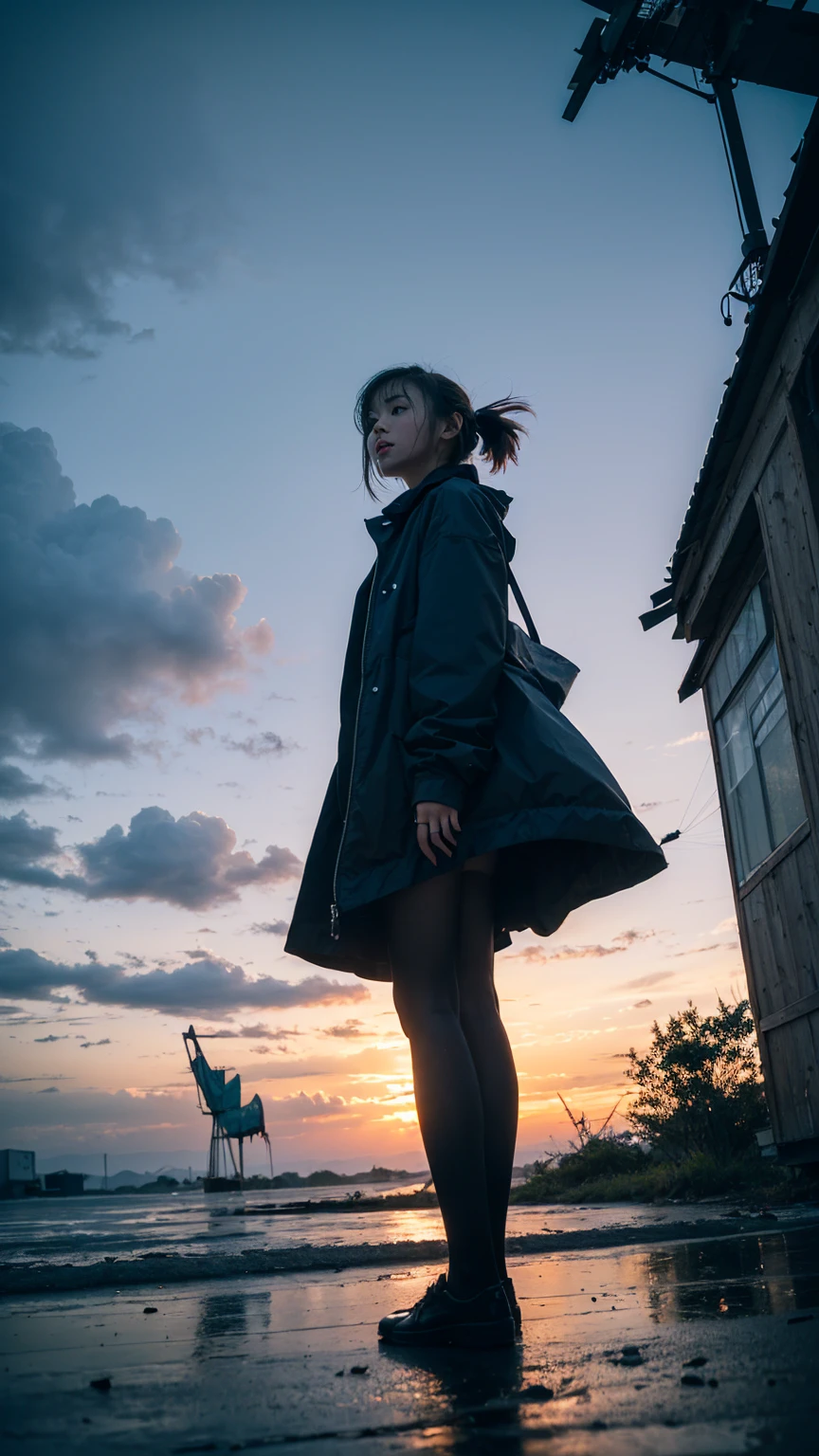 ((crane))、Rainy Sky、((1girl)),from below