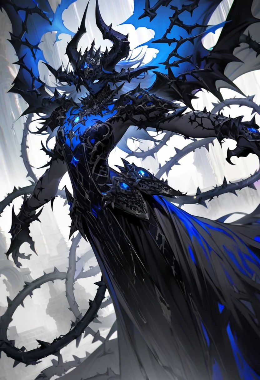 body hair: Long and white, flowing freely, highlighting its ethereal and powerful air.,tenue:Predominantly black, with blue and white details.
The costume is adorned with gothic ornaments, like chains and thorns, that reinforce its imposing presence.,eyeballs: Intense and bright, possibly blue or white in color, reflecting your demonic power.