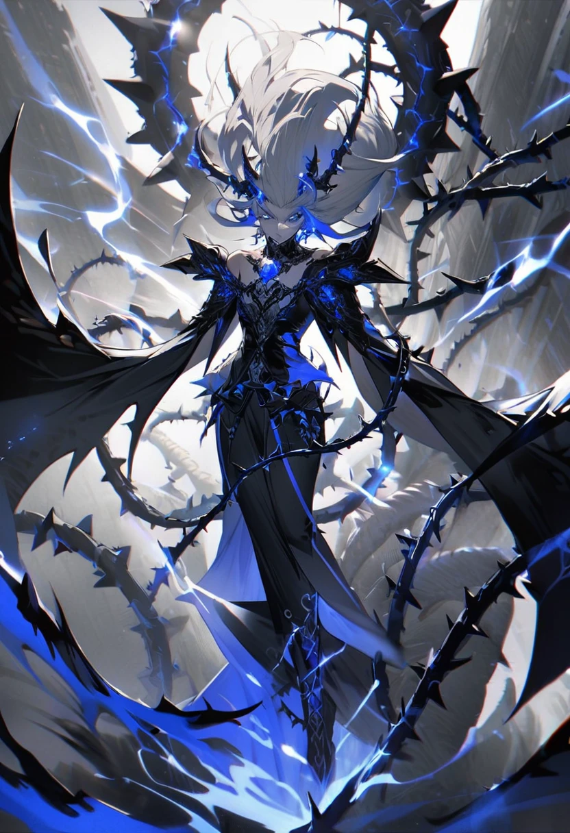 body hair: Long and white, flowing freely, highlighting its ethereal and powerful air.,tenue:Predominantly black, with blue and white details.
The costume is adorned with gothic ornaments, like chains and thorns, that reinforce its imposing presence.,eyeballs: Intense and bright, possibly blue or white in color, reflecting your demonic power.