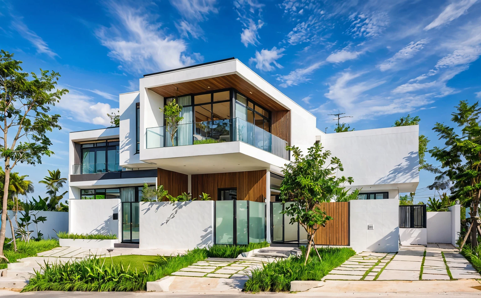 Raw photo, Masterpiece, high quality, best quality, authentic, super detail, outdoors, house style modern, white wall, glass windows, minimalist line, grass, trees, blue sky, morning daylight, vivid color,