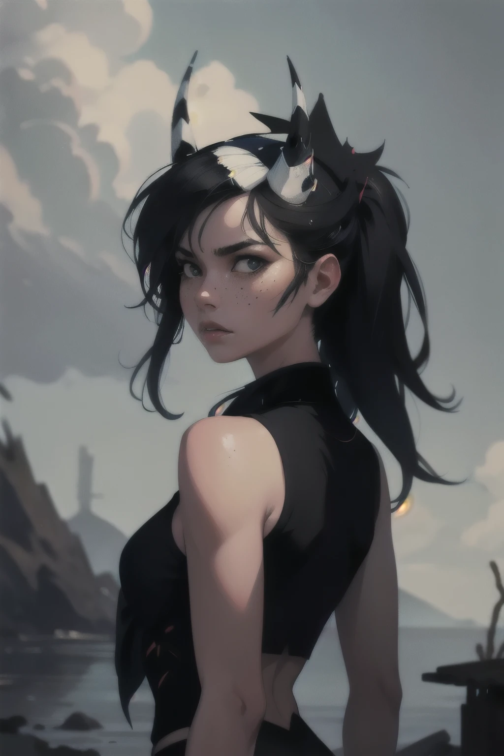 calming hues, subdued colors, hight contrast, (Hyper-Realism, smooth light, Spitz), 
1 girl, adult german woman, freckles, eyes black, Bblack hair, shade,
Style-GravityMagic, character focus, portraite, (battle scars:0.7), gazing at viewer, standing alone,  half shot, detailed back ground, Ninja Theme:1.1), cursed sailor,    dark expression,    camp,   peaceful,   rise sun, dark fantasy atmosphere, 