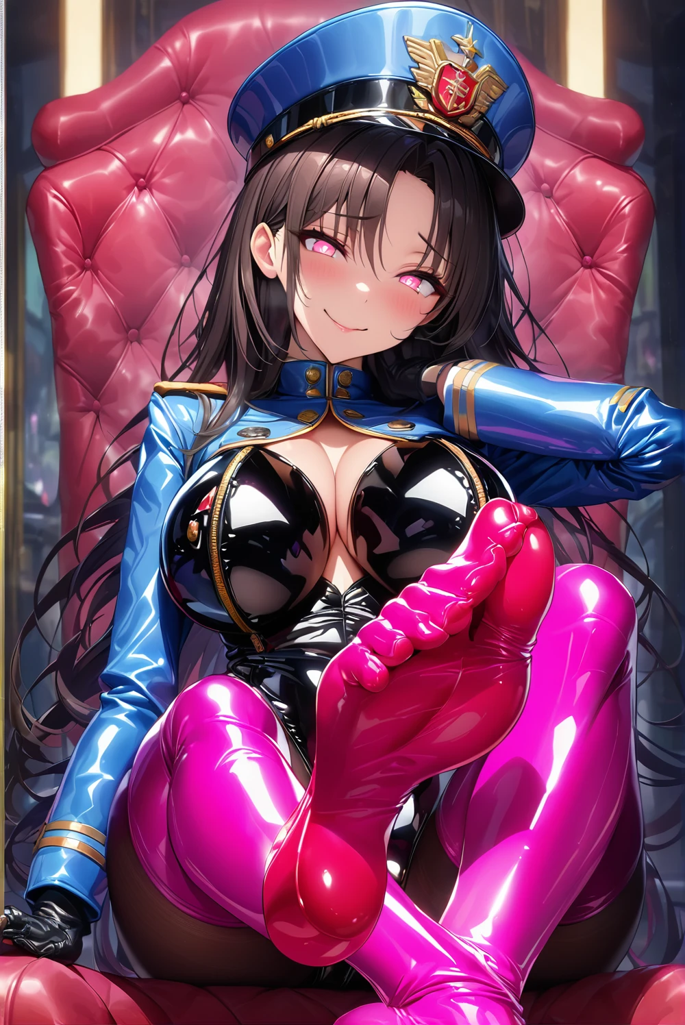 masterpiece, best quality, 1lady,black hair,long hair,glowing eyes, (finely detailed empty pupils and detailed face),,,,extremely detailed picture unity 8k wallpaper,solo,(latex military costume:0.9),large breasts,seductive smile,military hat,latex thighhigh,large breasts,black hair,pink eyes,black leotard,pantyhose,military coat,enamel suits,grossy lips,sitting,bust shot,sadistic smile,footjob,heel