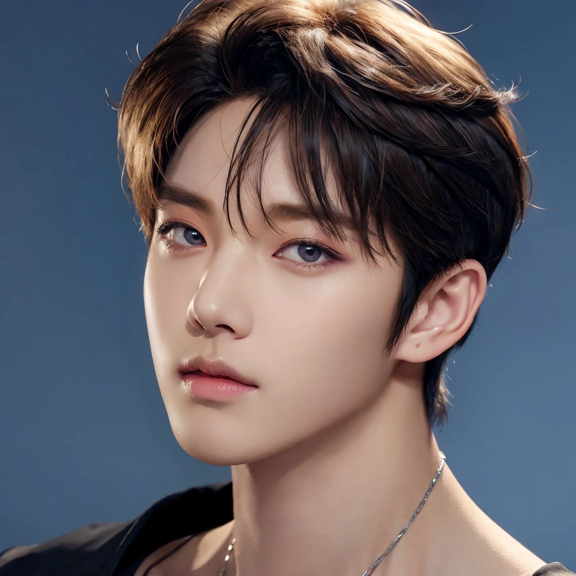 professional shoulder up photograph, handsome young man, model, crew cut, detailed face, detailed eyes, plain background, kpop