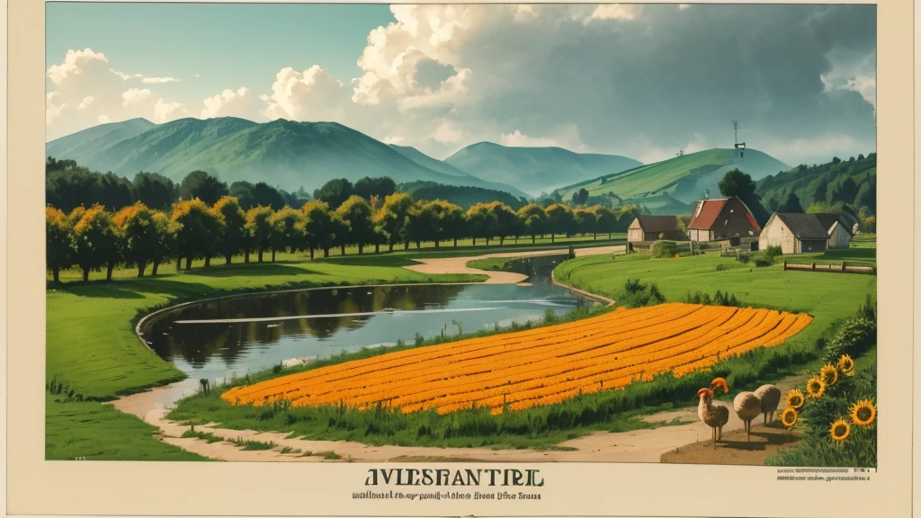 "Illustration of a farm scene with a windmill on the left, barn on right, hills in the middle, cloud, the sun smiled, and rainbows in the sky. In front of, there are sheep in the pen, cow, chicken with three chicks, and the chicken near the egg. Vegetables (carrot, good), Barrow, seed bag/fertilizer, sunflower, the Apple tree, and irrigation canals are also visible. This rural atmosphere is educational and fun."