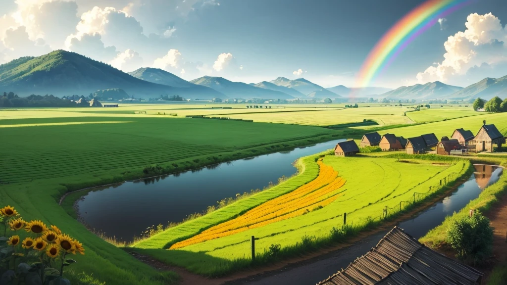 "Illustration of a farm scene with a windmill on the left, barn on right, hills in the middle, cloud, the sun smiled, and rainbows in the sky. In front of, there are sheep in the pen, cow, chicken with three chicks, and the chicken near the egg. Vegetables (carrot, good), Barrow, seed bag/fertilizer, sunflower, the Apple tree, and irrigation canals are also visible. This rural atmosphere is educational and fun."