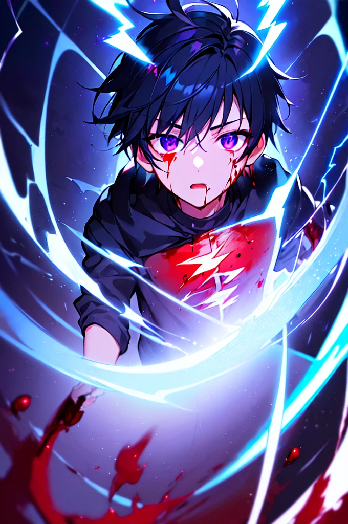 [(BLACK BACKGROUND:1.5),::5], ((((masterpiece)))), high quality, ultra very high resolution, full color, (((solo))), ((little boy)), black hair, ((blue colored inner hair)), ((purple eyes)), anime, ((upper body)), neon light, black parka, (lightning effect:1.2), (Blood effect:1.5)