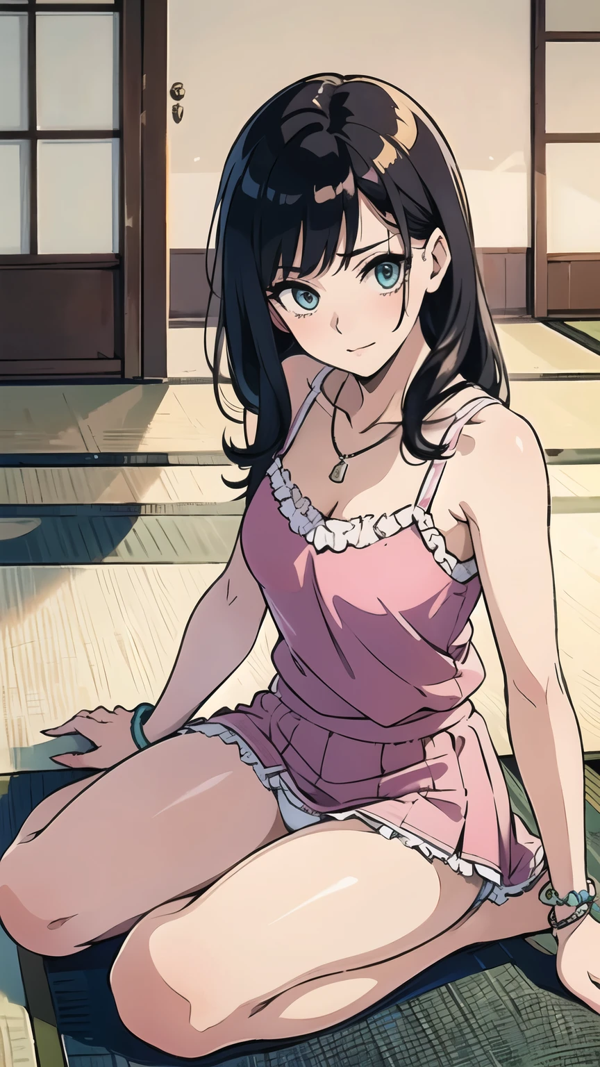 Sitting on tatami mat in a private house, ((front view)), embarrassed face, cinematic, frilly yellow camisole, knitted pink mini skirt, simple necklace, friendship bracelet, slender body, long eyelashes, attractive eyes, lovely girl, stylish fashion, white detailed panties, cheeky expression