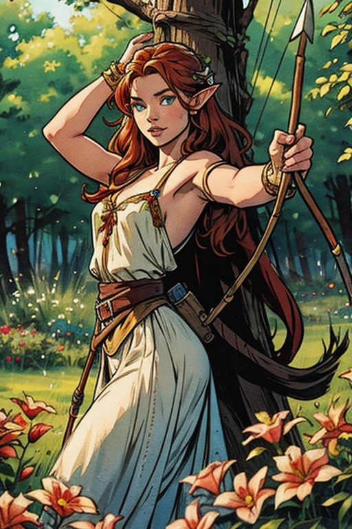 (water colour: 1.2), elf princess, flowers, freckles, bangss, redheadwear, long hair, greeneyes, hair between eyes jumping with open arms from a tree holding a bow with a quiver full of arrows on his back, gazing at viewer, brincos flowers, nblurry background, high resolution