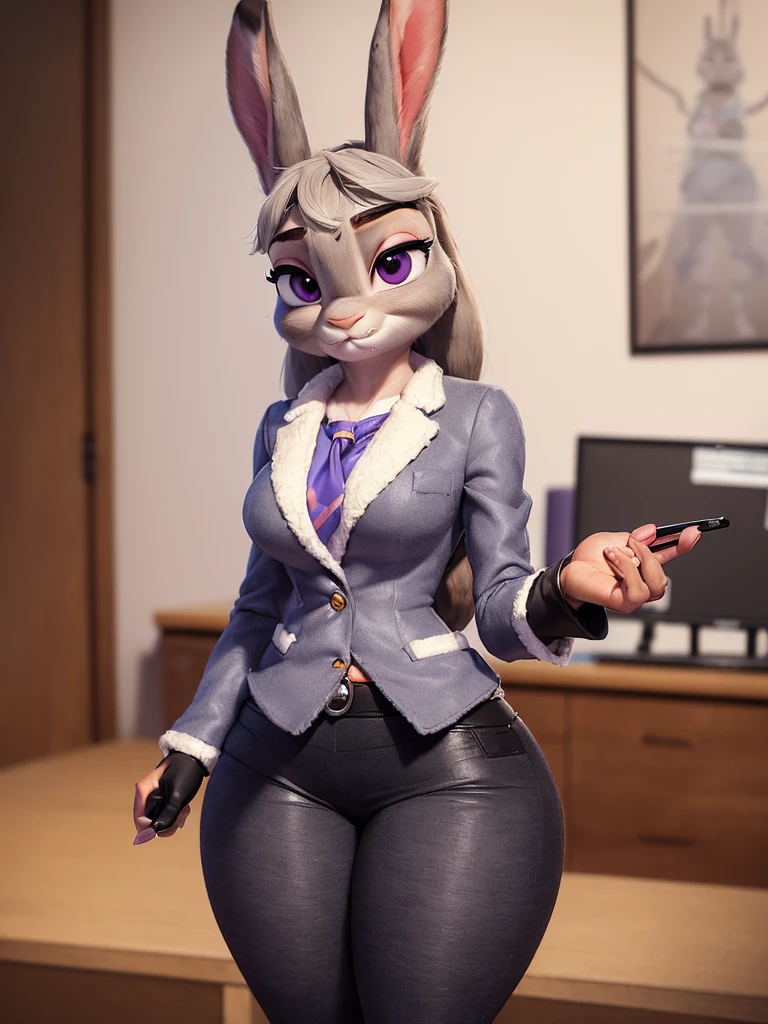 best quality,
masterpiece,
super detail,
3D,
Portrait,
fun atmosphere,
(((solo))),
(((1Lady))),
furry,
fine coat,

bloom office, 

(Face is JudyHopps:1.4),
(straight hair:1.3),
(see-through bangs:1.3),
wispy bangs,
bright purple eyes,
(raised eyebrows:1.1),
(rabbit ears:1.1),

Body is NamiFinal, 
(body is made of wool fabric:1.3),
(body is gray with fluffy and fluffy:1.3),
(skin is wool fabric with fluffy and fluffy:1.3),

office lady is wearing suit,
((White blouse)),
((Black blazer jacket)),
((Black pants suit)),
clothes made of cotton,

