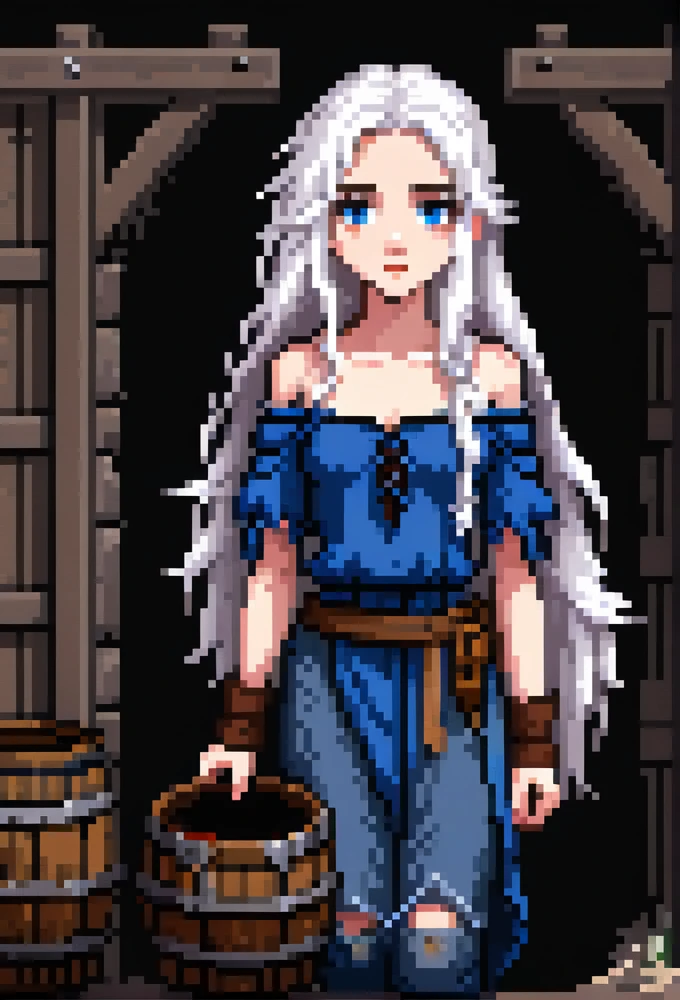 (Pixel art: 1.2), 1 young woman, 19 years old, medieval slave, white skin, long white hair, blue eyes, wearing ragged and dirty brown peasant clothes, shoulder-less and off-shoulder design, full body, covered nipples, visible lips and nose, Black background, sad face, determined expression.