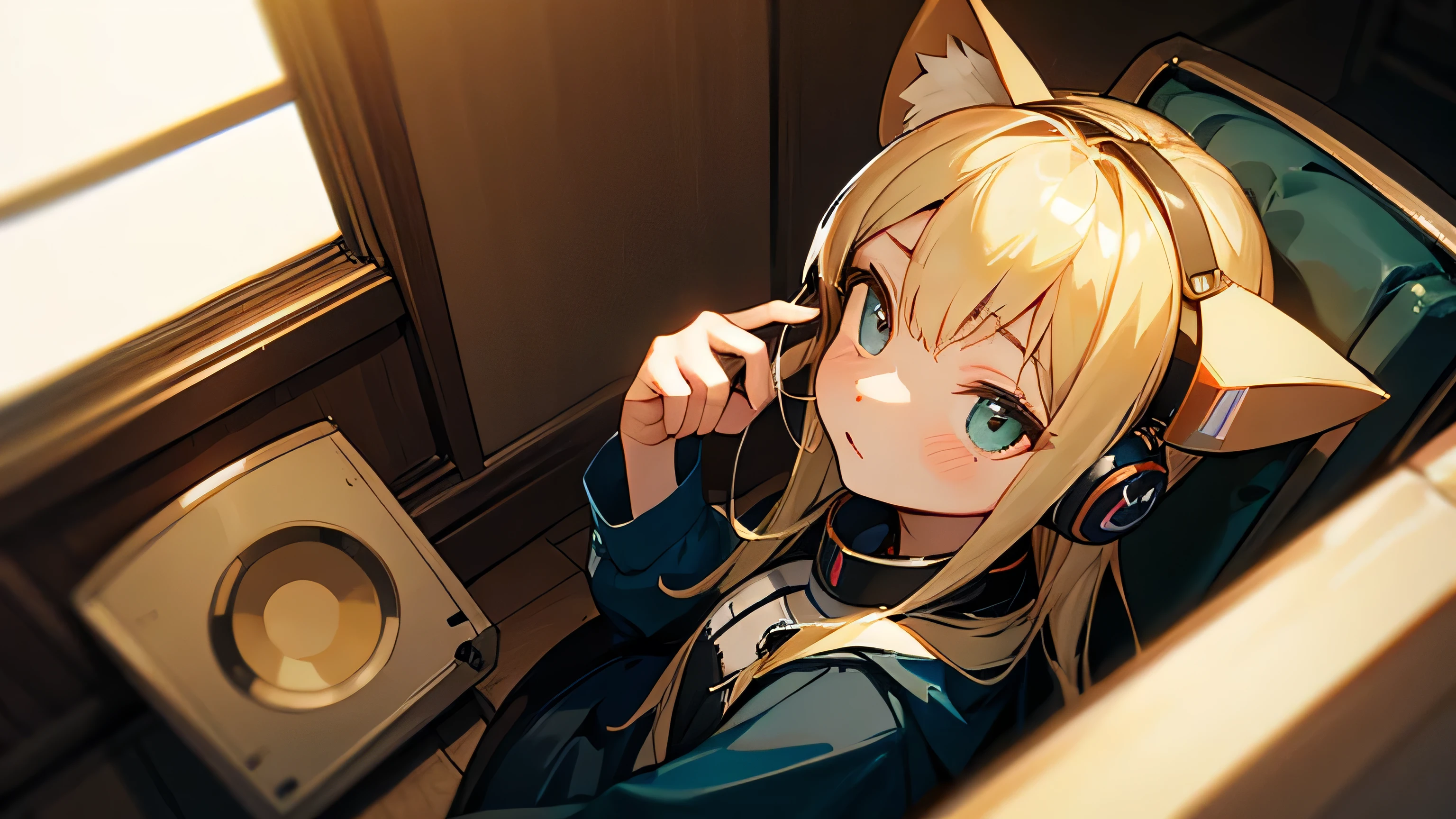 Room with speakers、Cat with headphones、Face close-up、night、Blonde、Looking up、Sitting in a chair