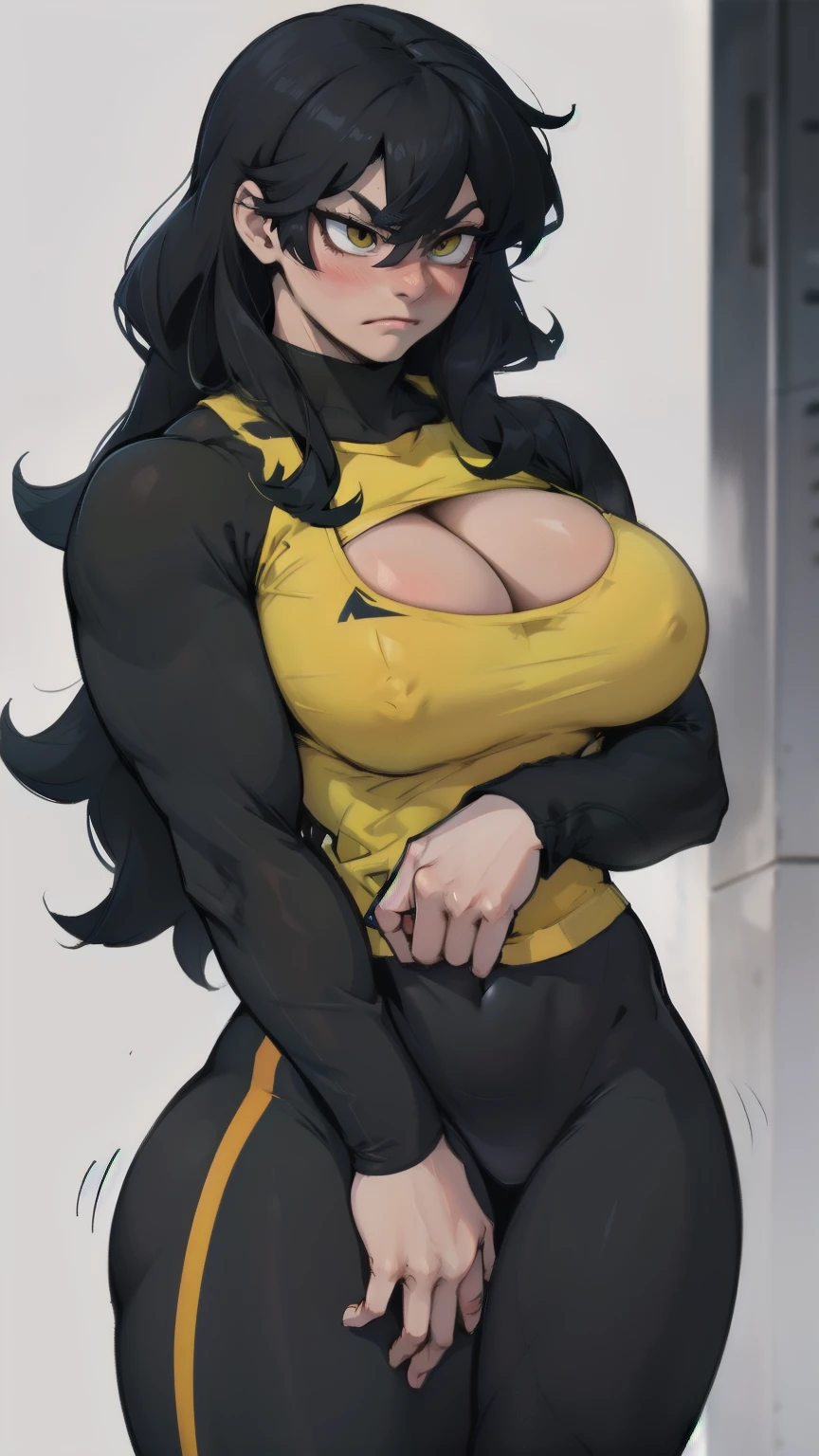 huge breasts pale skin very long hair black hair yellow eyes sad blushing solo frown very long hair very long hair leggings tight tshirt long sleeves slim fit lean