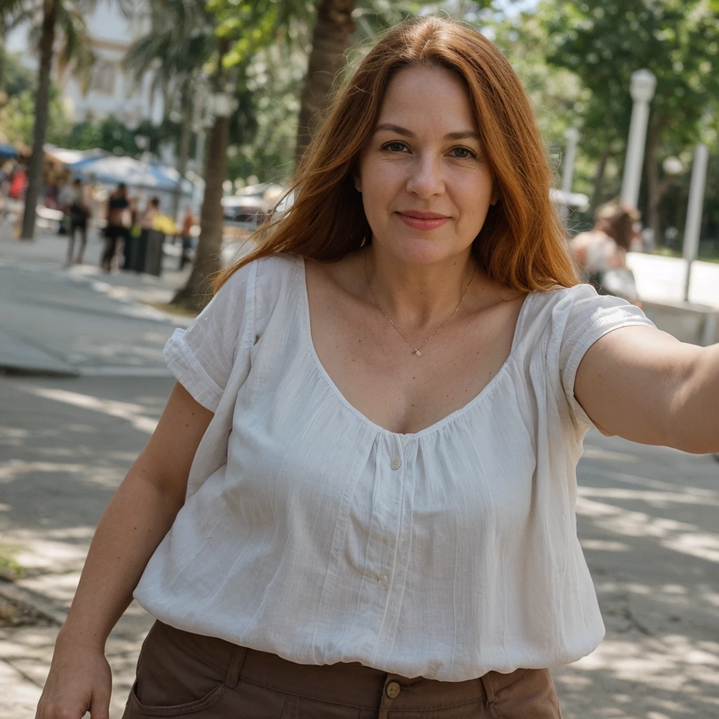 1 girl, solo, Caucasian, Old woman, mature, her name is Sophia, ((consistent face and image)), (((60 years old woman))), (((wrinkles))), ((long red hair)), ((fair skin)), ((round face)), ((short roman nose)), ((brown plump lips)), ((full body)), ((half body shot)), (((sexy and chubby body))), (((wearing shorts and blouse))), (at Portugal), smirk, (((selfie))), ((summer season)), 
