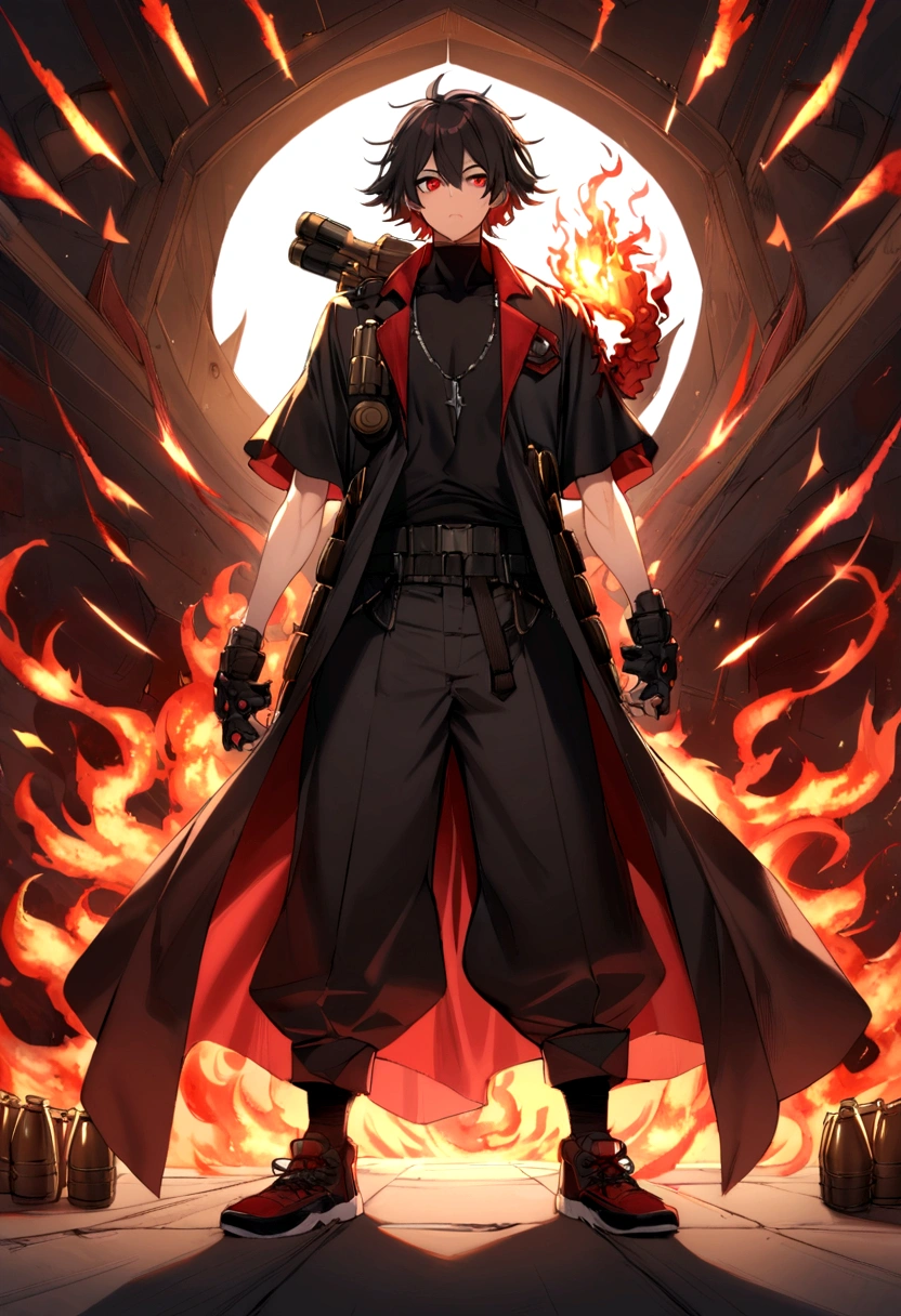 boy, big messy and long black hair at the back with dark red bangs, black and red eyes, heterochromia, wide, loose-fitting black shirt at the neck, long coat with short sleeves in black with reddish flames, big, baggy pants with ammunition and grenades, shoes black, the left arm is a black cybernetic claw with fire details and is very large, fine-detailed