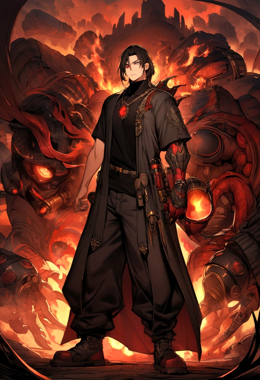 boy, big messy and long black hair at the back with dark red bangs, black and red eyes, heterochromia, wide, loose-fitting black shirt at the neck, long coat with short sleeves in black with reddish flames, big, baggy pants with ammunition and grenades, shoes black, the left arm is a black cybernetic claw with fire details and is very large, fine-detailed