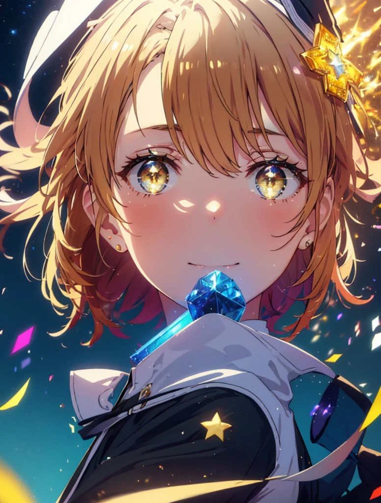 Irohaisshiki, isshiki iroha, Short Hair, Brown Hair, (Brown eyes:1.5), smile,((Night Sky)),((Big full moon)),((Sparkling and colorful stars)),Fluffy hair,((Idol style costume with soft volume)),Long skirt,Pointed shoes,((gorgeous wizard hat)),((witch)),(magic wand with a jewel on the tip),So that the whole body goes into the illustration,
break outdoors, forest,forest
break looking at viewer,
break (masterpiece:1.2), Highest quality, High resolution, unity 8k wallpaper, (shape:0.8), (Narrow and beautiful eyes:1.6), Highly detailed face, Perfect lighting, Highly detailed CG, (Perfect hands, Perfect Anatomy),