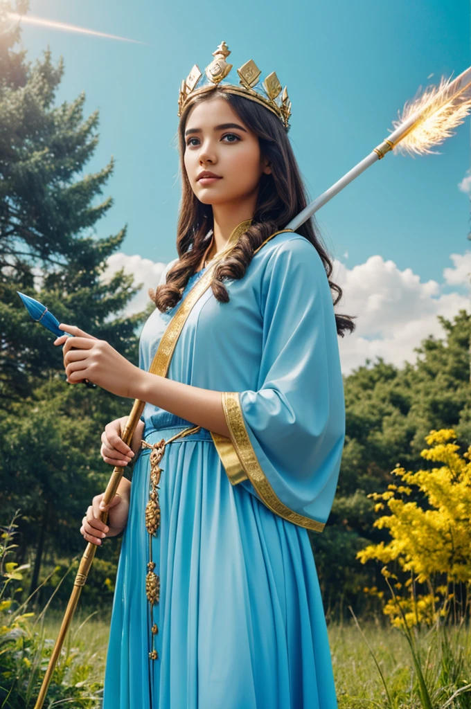 (Nature background)
(Girl wearing sky blue)
With gold crown
And wand