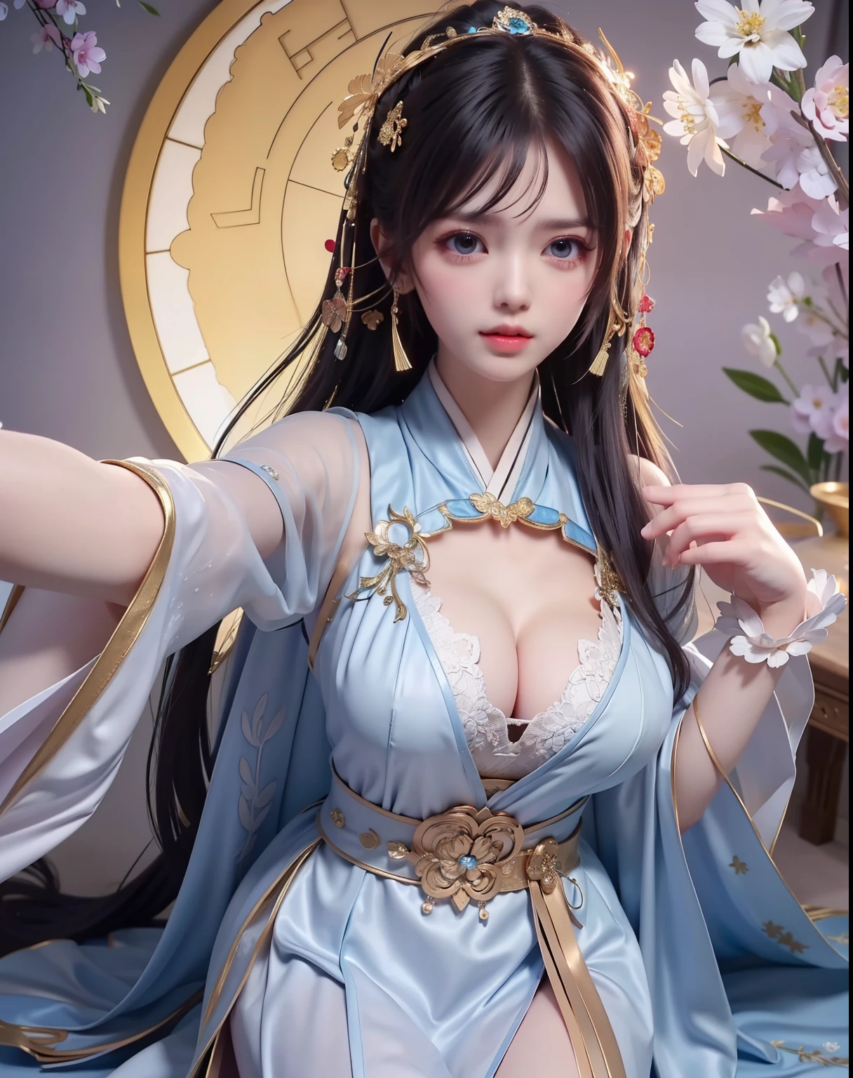 (8k, RAW photo:1.2), best quality, ultra high res,dramatic angle,(fluttered detailed color splashs), (illustration),(((1 girl))),(long hair),(rain:0.9), (Headdress:1.4),There is an ancient palace beside the girl,Hanfu,(Key Points),Color ink painting,(Splash of Color),Splash of Color,(((colorful))),(sketch:0.8) , Masterpiece, best quality, beautiful painted, highly detailed,(denoising:0.6),[splash ink],((ink refraction)), (beautiful detailed sky),moon,highly,detaild,(masterpiece, best quality, extremely detailed） CG Unity 8k Wallpaper，masterpiece，best quality，Ultra Detailed），（Lycoris）. hanfu open v   open V-chested clothes Thin silk lace dress , (huge ，cleavage),, white pink, blue ，best qualtiy，tmasterpiece，Ultra-high resolution，（Reality：1.4），RAW photogr，（True skin texture：1.3），（filmgrain：1.3），（Selfie angle），1个Giant Breast Girl，Beautiful eye and face details，tmasterpiece，Best quality at best，，The chest more exposed， detailed hair, bra pink , detail 8k, full body, lace petticoat, fan handle