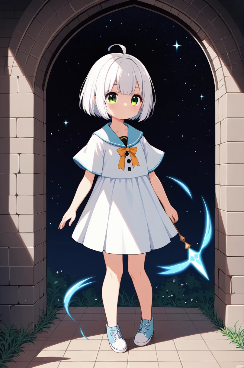 One girl, alone, cute, White Short Hair, Wizard's Hat, close, Shadowed face, (Tattered clothes:2.0), Oversized shirt, (skirt:1.2), pantyhose, article, holding a sign "Give me money", Shorts, Black knee socks, Expressionless, relax, Sitting on a bench, Hollow Eyes, garden, city, scenery, night, Depth of written boundary, masterpiece, Highest quality
