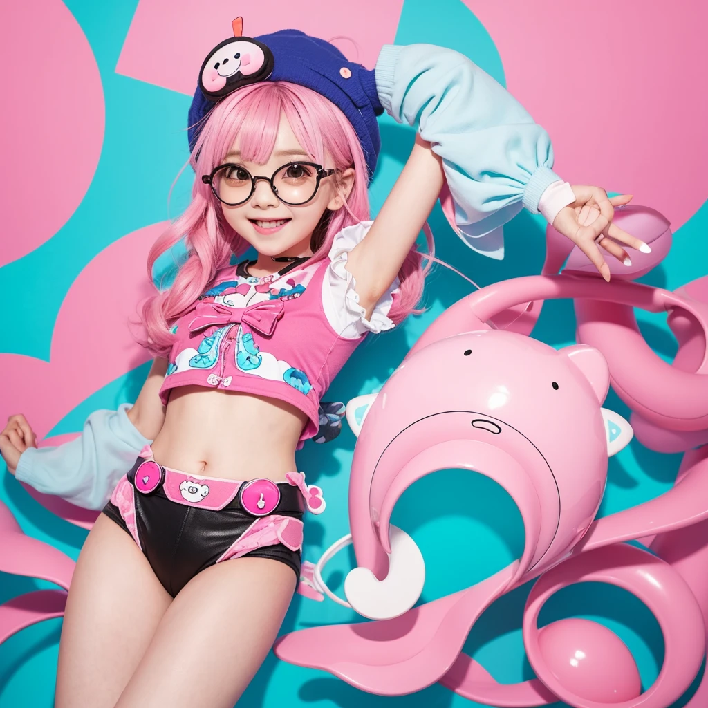 Create a crazy yet cute anime-style mascot character. The character should have big, expressive eyes, a wide smile, and colorful hair in shades of pink or blue. They should wear a whimsical, vibrant outfit with quirky elements like a wavy antenna or a funny hat. The character should look playful and energetic, with a soft, round body and small limbs.