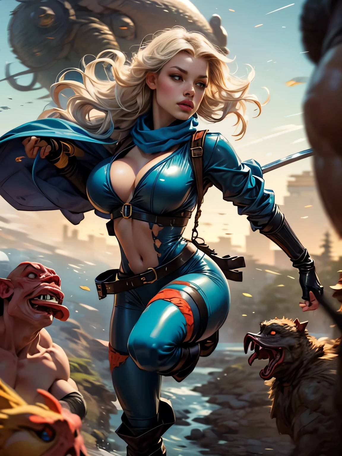 (Fantasy_RPG)、(young_Transcendently beautiful_Ideal proportions_Big Breasts_Porcelain-like skin_Bluenette_Long hair tied up in a braid_Adventurer_woman)、(Serious expression)、(Dungeons_duck_latex_Bodysuits、Dungeons_duck_Knee-high boots、Dungeons_duck_Long gloves、Dungeons_duck_scarf)、(Light_sacred_Long sword_Slay the monsters_motion blur effect:1.7)、(Dungeonsの奥深く)、(Highest quality、4K、8K、High resolution、masterpiece:1.2)、Super detailed、(Real、Photorealistic、Photorealistic:1.37)、Portrait、Bright colors、Dramatic lighting、Enchanting、Functional、Dynamic pose、Exquisite detail