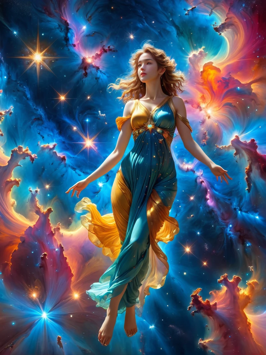 (masterpiece,Highest quality,high resolution,8K),Alone in Space,goddess,Standing,whole body,What a nice view,(像星星一样Floating在天空,Floating),金光包裹whole body,(The whole body is in the light),Colorful light of the universe,Genesis,Pillars of Creation, anatomically correct