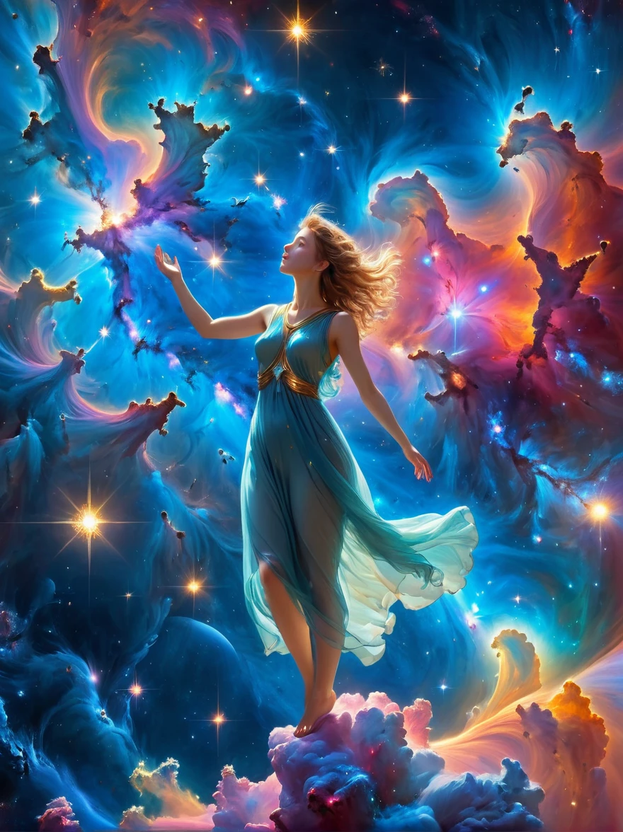 (masterpiece,Highest quality,high resolution,8K),Alone in Space,goddess,Standing,whole body,What a nice view,(像星星一样Floating在天空,Floating),金光包裹whole body,(The whole body is in the light),Colorful light of the universe,Genesis,Pillars of Creation, anatomically correct