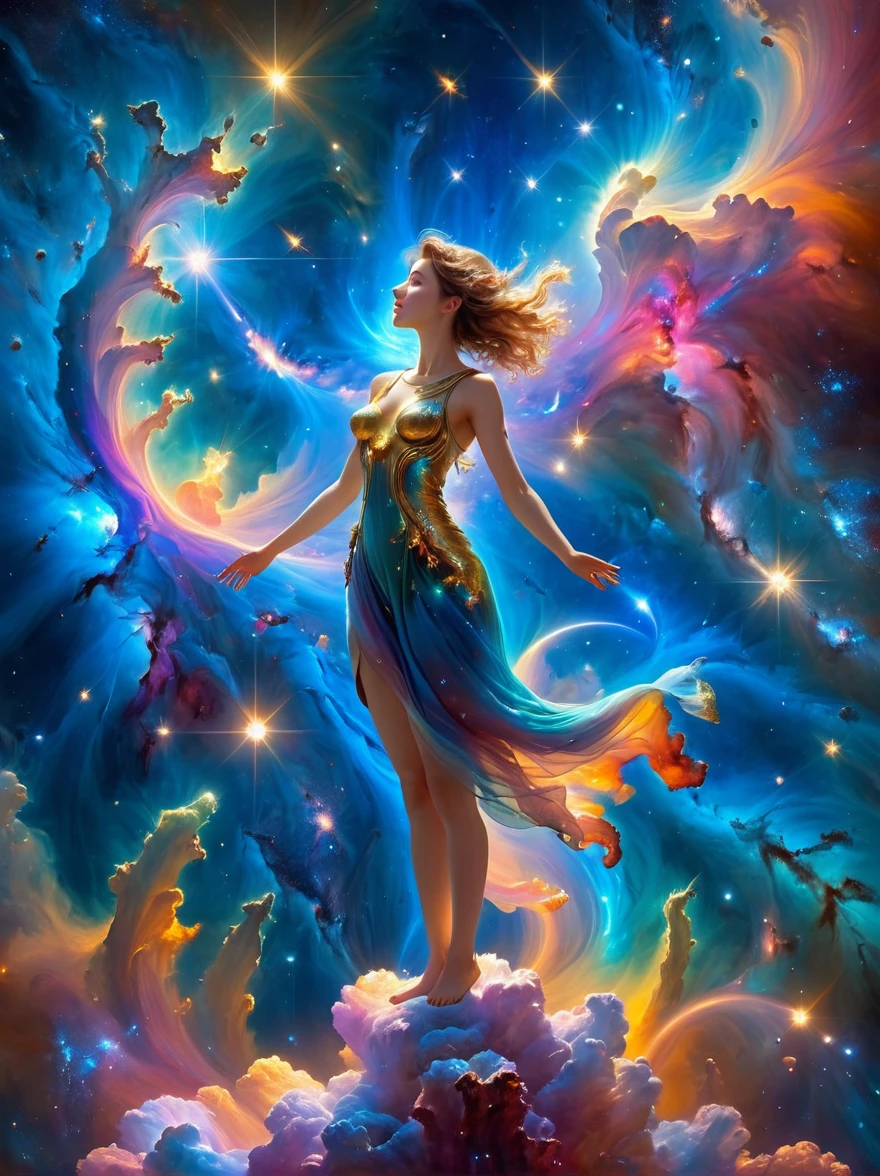 （masterpiece，Highest quality，high resolution，8K），Alone in Space，goddess，Standing，whole body，What a nice view，(像星星一样Floating在天空，Floating)，金光包裹whole body，(The whole body is in the light)，Colorful light of the universe，Genesis，Pillars of Creation, anatomically correct