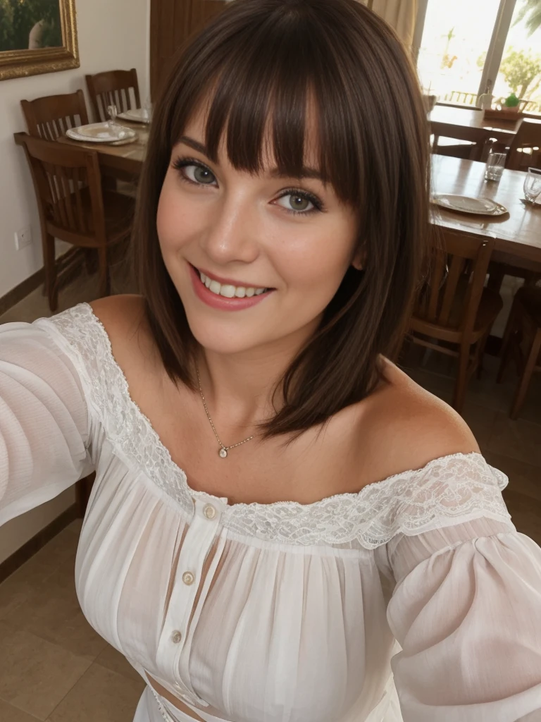 1girl, solo, realistic, her name is Cathlyn, she is a Caucasian brunette, 30 years old, mature face and body, smiling, short hair with bangs, chubby, wearing a off shoulder blouse inside Algarve Villa transient, (((selfie shot)))