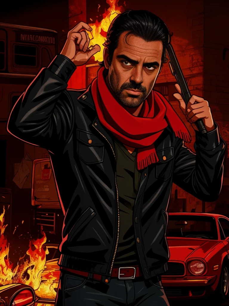 Um retrato fotografia de corpo inteiro de Negan from the Walking Dead, de meia idade trativo, Jeffrey Dean Morgan, musculoso, black jacket, Red scarf on neck, black leather pants, epic realistic, foto, desbotado, cores neutras, hdr, cores mudas, cena intrincada, artstation, detalhes intrincados, vinheta, detailed, detailed face, intricate, vivid colors, burning car in background.
