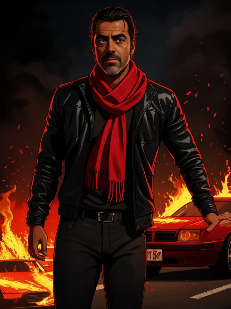 Um retrato fotografia de corpo inteiro de Negan from the Walking Dead, de meia idade trativo, Jeffrey Dean Morgan, musculoso, black jacket, Red scarf on neck, black leather pants, epic realistic, foto, desbotado, cores neutras, hdr, cores mudas, cena intrincada, artstation, detalhes intrincados, vinheta, detailed, detailed face, intricate, vivid colors, burning car in background. 