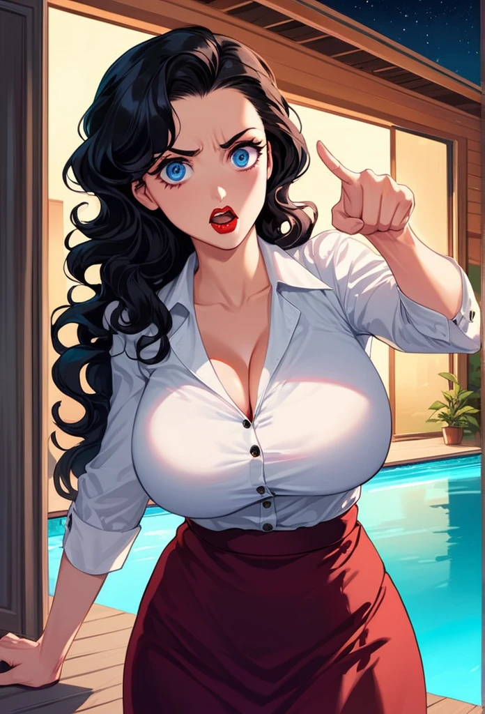 detailed illustration (side view),dynamic angle,ultra-detailed, detailed eyes, detailed face, 1girl, night , nightime, stars, 1940’s wife, tight and strained button up blouse and long skirt, anime eyes, lidded eyes, angry, standing in pool house, domestic goddess, black hair, huge breasts, wholesome yet sexy, motherly, nurturing, MILF, glass sliding door, moonscape outside, dark blue eyes, highly detailed eyes, detailed eyes, bright eyes, long hair, wavy hair, red lips, buttons straining, cleavage too big, gaps between buttons, chest busting out, mad, yelling at camera, pointing at camera, beautiful face, attractive face