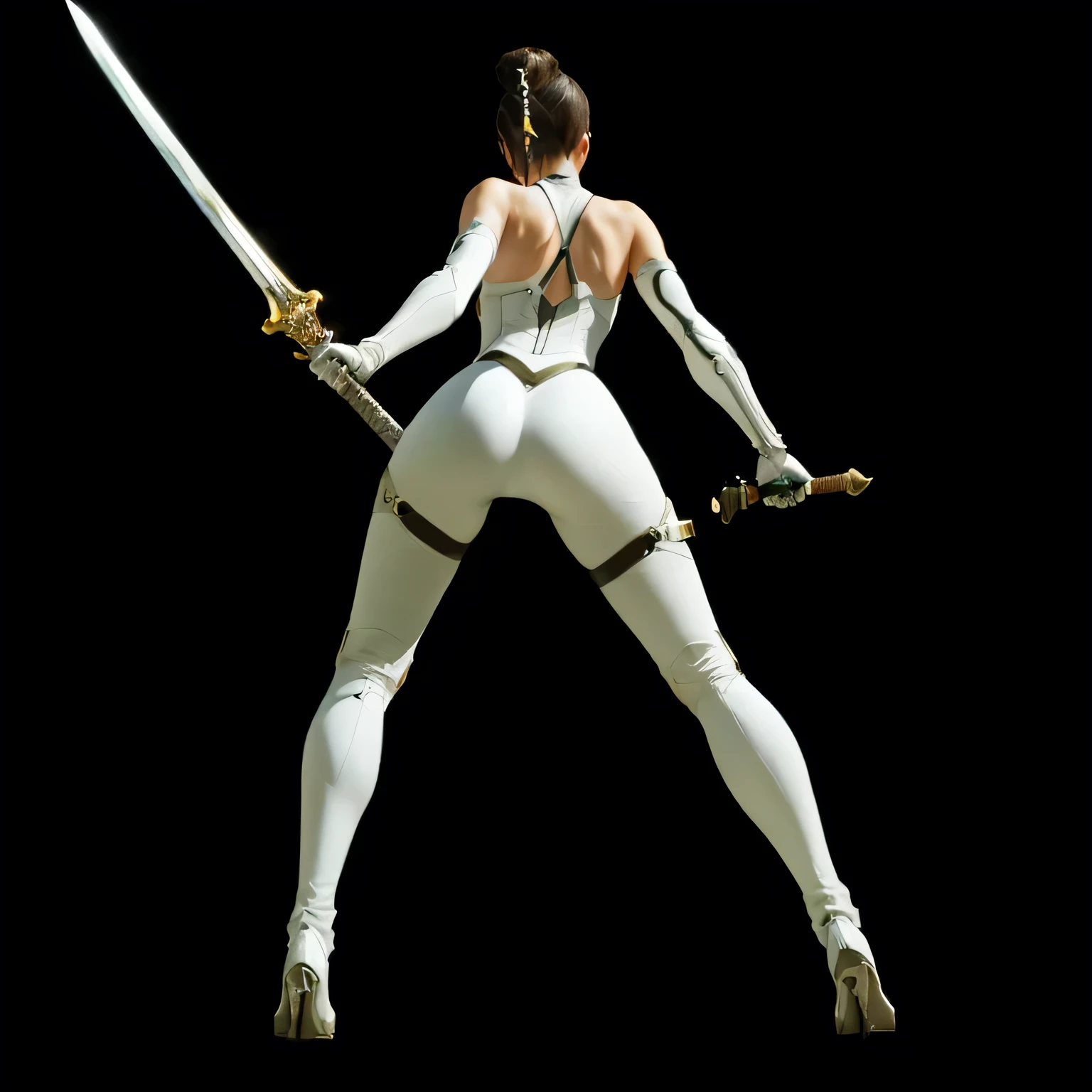 One was dressed in white、Close-up of woman holding sword, Katana Zero Video Game Character, Dramatic Katana Swinging Pose, Dramatic sword-wielding pose, White robot fashion photo, Sadistic Assassin, Badass Pose, Drawing her katana, Female Assassin, Fencing athlete, With a samurai sword strapped to his back, snake-head Female Assassin, sleek white armor