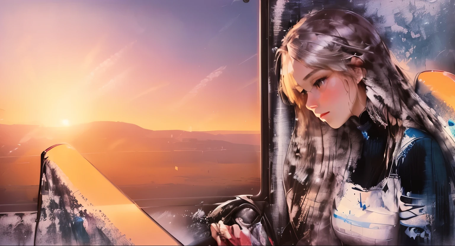 There is a painting,Painting of a lady sitting on a train, illustration!, desolate. digital illustration, Looking out the window, Girl on the windowsill, Looking out the window, Distant Expression, girl waiting for train, Looking out the window, Sitting on the side door of the train, Train windows, stylized digital illustration, Looking out the window, Digital drawing