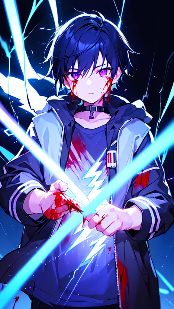 [(BLACK BACKGROUND:1.5),::5], ((((masterpiece)))), high quality, ultra very high resolution, full color, (((solo))), ((little boy)), black hair, ((blue colored inner hair)), ((purple eyes)), anime, ((upper body)), neon light, black parka, (lightning effect:1.2), (Blood effect:1.5)