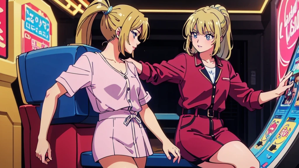 (Blonde Barbie:1.2),(Pink outfit:1.1),(90s Vintage:1.1),(Romance Anime Style:1.3), Arcade、 Pink Cardigan, Black Hair, Lip gloss, cigarette、90s fashion、One Girl