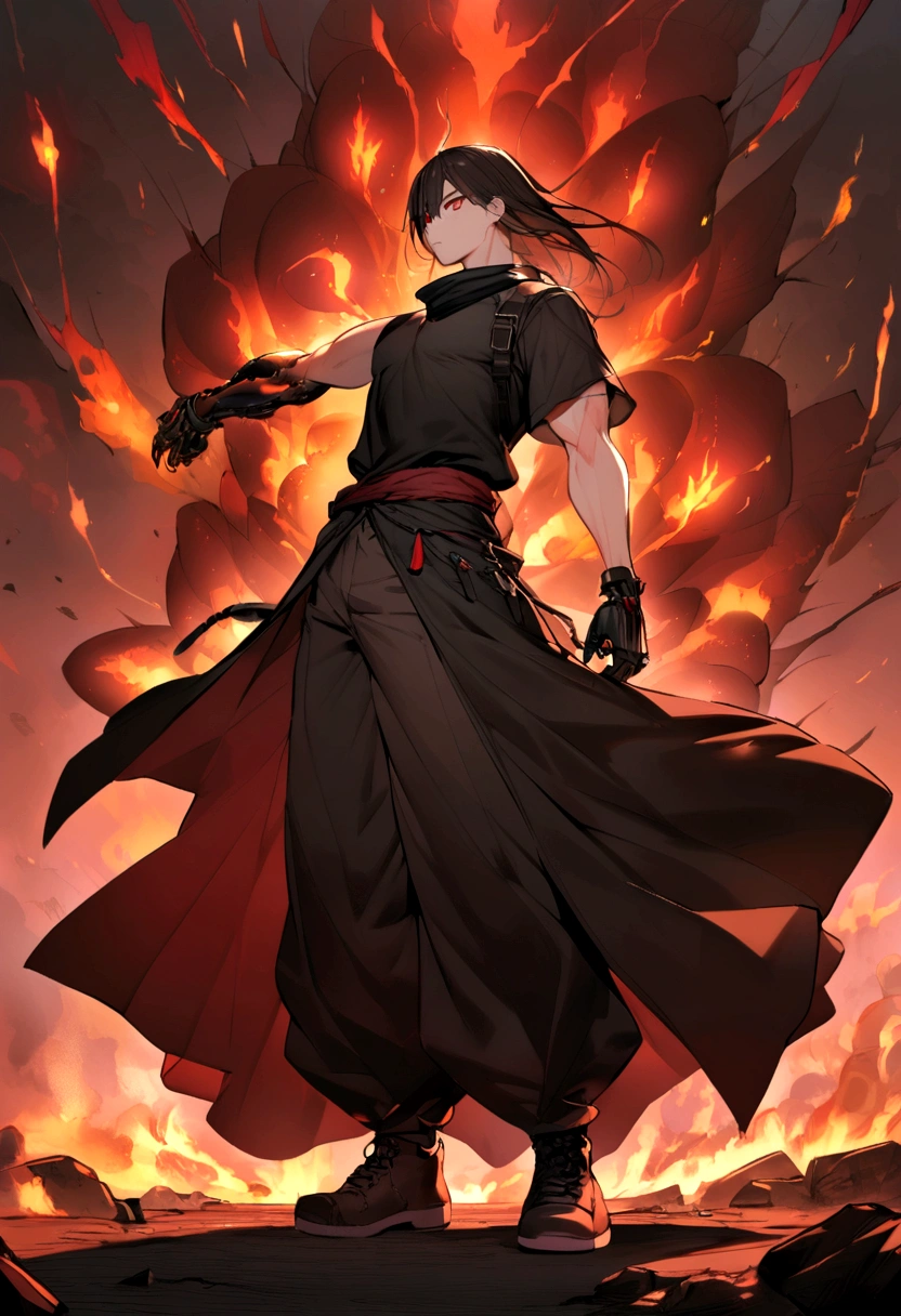 boy, big messy and long black hair at the back with dark red bangs, black and red eyes, heterochromia, wide, loose-fitting black shirt at the neck, long coat with short sleeves in black with reddish flames, big, baggy pants with ammunition and grenades, shoes black, the left arm is a black cybernetic claw with fire details and is very large, fine-detailed